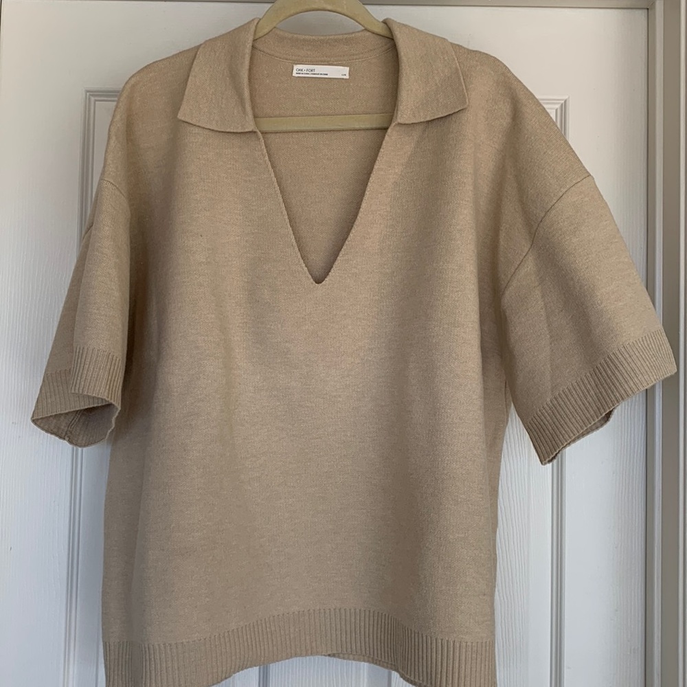 Oak + Fort Beige Polo V-neck Sweater - L